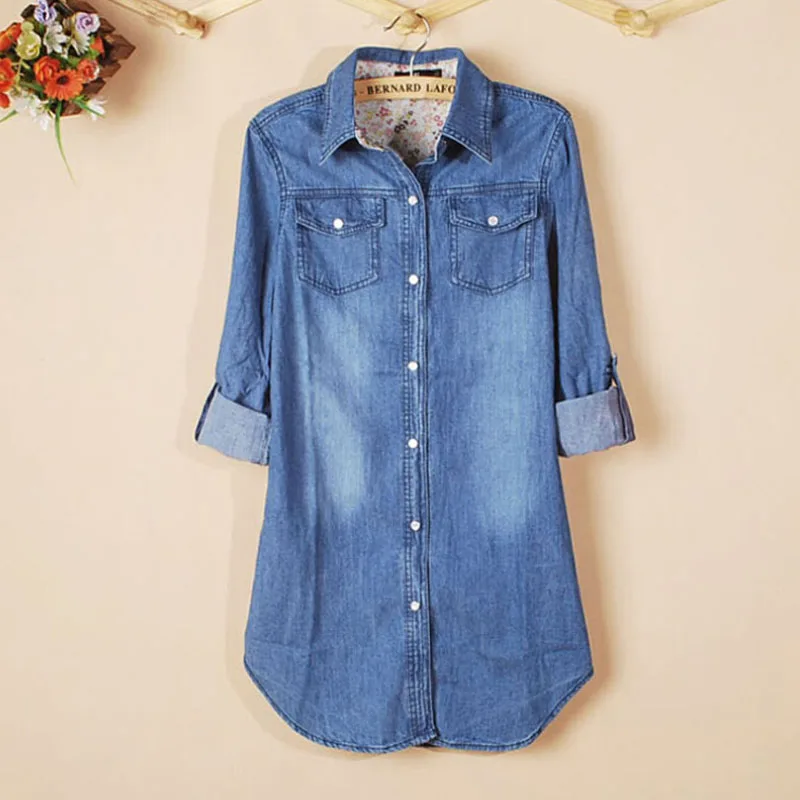 

Vintage Blue Denim Shirt Tops shirt New Womens Casual Blouse cozy Turn-down Collar Shirts Camisa de manga larga para mujer
