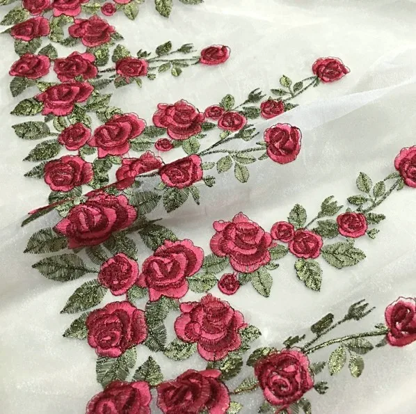 New three dimensional organza lace rose red embroidered skirt fabric
