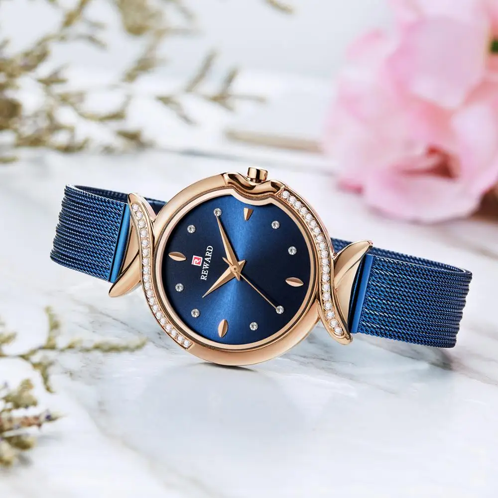

REWARD Top Brand Luxury Elegant Women Watches Quartz Ladies Watch Blue Ultra-thin Mesh Band Waterproof Shiny Iced Out Wristwatch