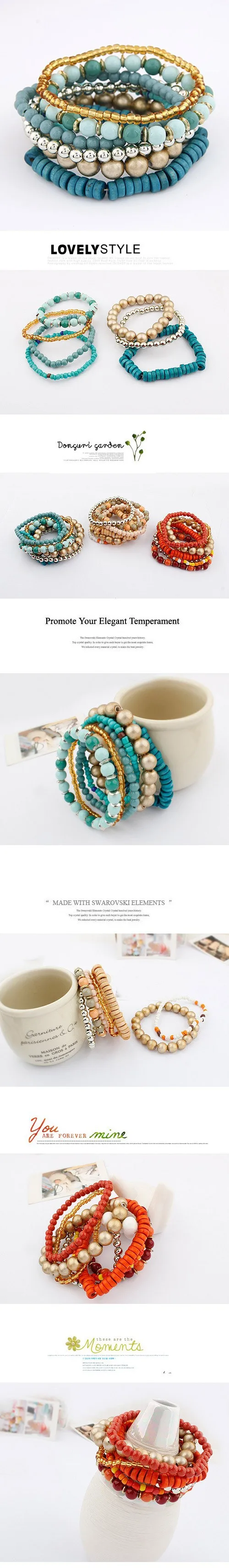 LEMOER 7 шт./компл. модный богемский стиль синий Тибет деревянные бусины Strand многослойный стрейч браслет для женщин