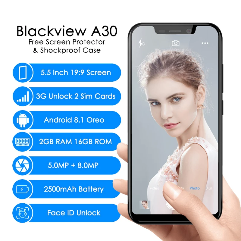 Blackview A30 3G Dual Sim Smartphone 5.5 Inch Android 8.1 19:9 Full Screen Face ID Mobile Phone 2+16 Quad Core Cellphone 2500mAh