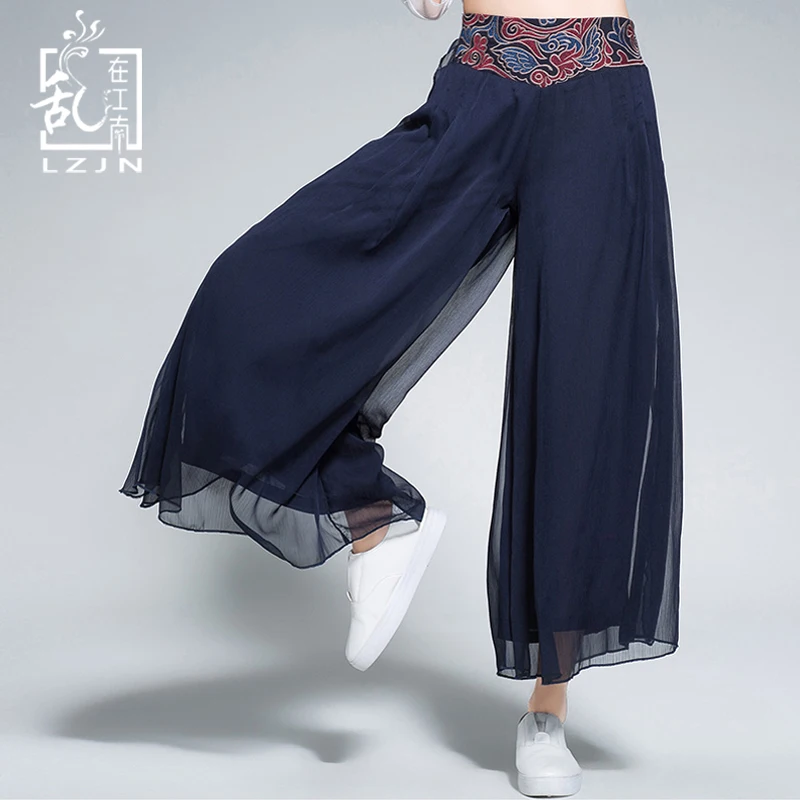 

LZJN Chiffon Palazzo Pants for Women 2019 Summer Wide Leg Culottes Pants Embroidery Elastic Waist Ankle Length Cropped Trousers