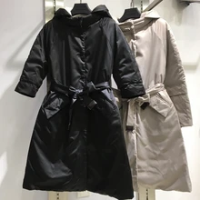 С поясом осень/зима длинное пальто пуховая куртка женская чистый цвет с капюшоном съемный рукав пуховик женская одежда