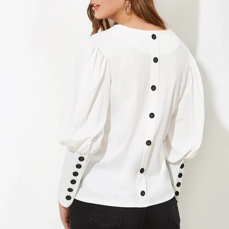 

2019 Fashion V Neck Women Blouse long Puff Sleeve Button White Shirt Summer Autumn elegantes Top Female Work Office Tunic kimono