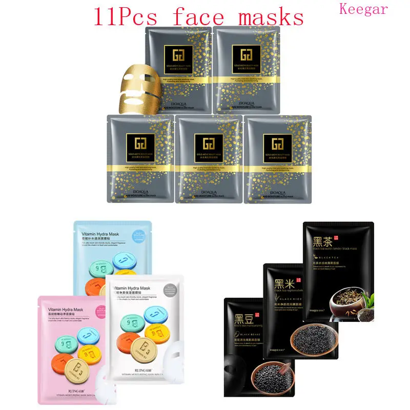 

11Pcs mixed 24K Gold mask vitamin rice beans Collagen Face Mask Moisturizing Whitening Anti-Aging black Facial Masks skin care
