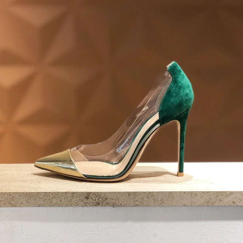 

Free shipping fashion women Pumps lady green suede Pvc Pointy toe high heels shoes Stiletto thin heeled party shoes