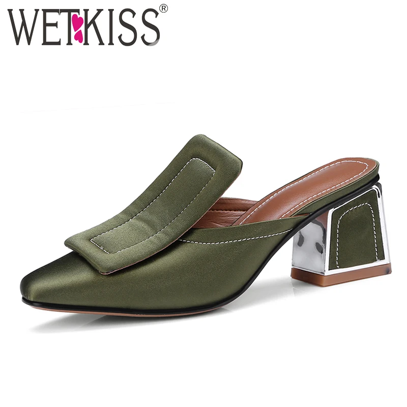 

WETKISS New Arrival Summer Satin Women Slipper Round Toe Sewing Hoof Heels Slides Footwear Fashion 2018 Brand Ladies Mules Shoes