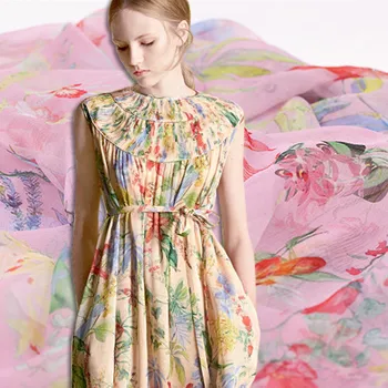 

3 colors digital printing silk fabric flower shadow colorful wrinkle silk fabric perspective natural silk fabric silk cloth
