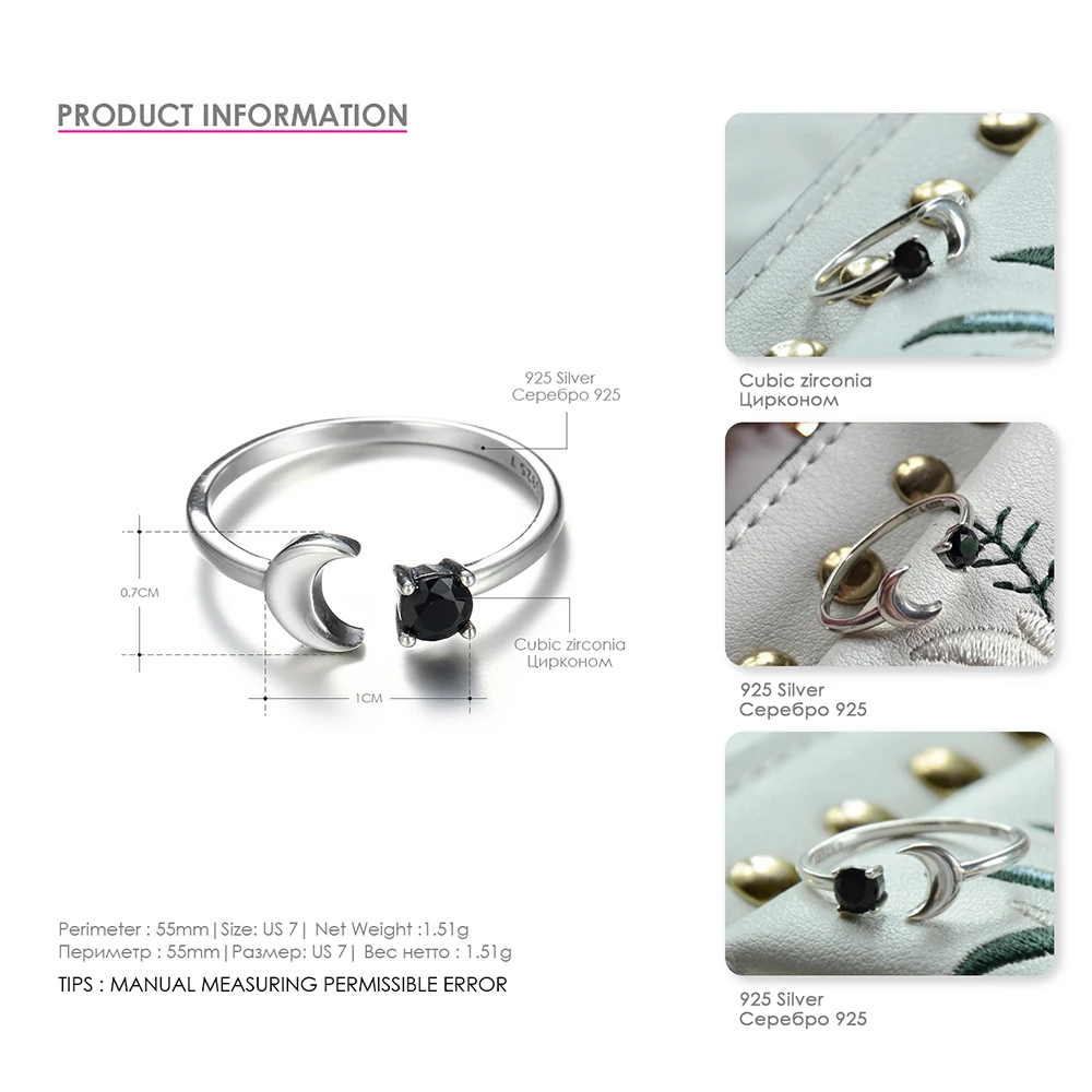 e-Manco 925 Silver Wedding Rings for Women Sterling Silver Open Ring Moon Shape Classic Zircon Fine Jewelry Romantic Love Gifts