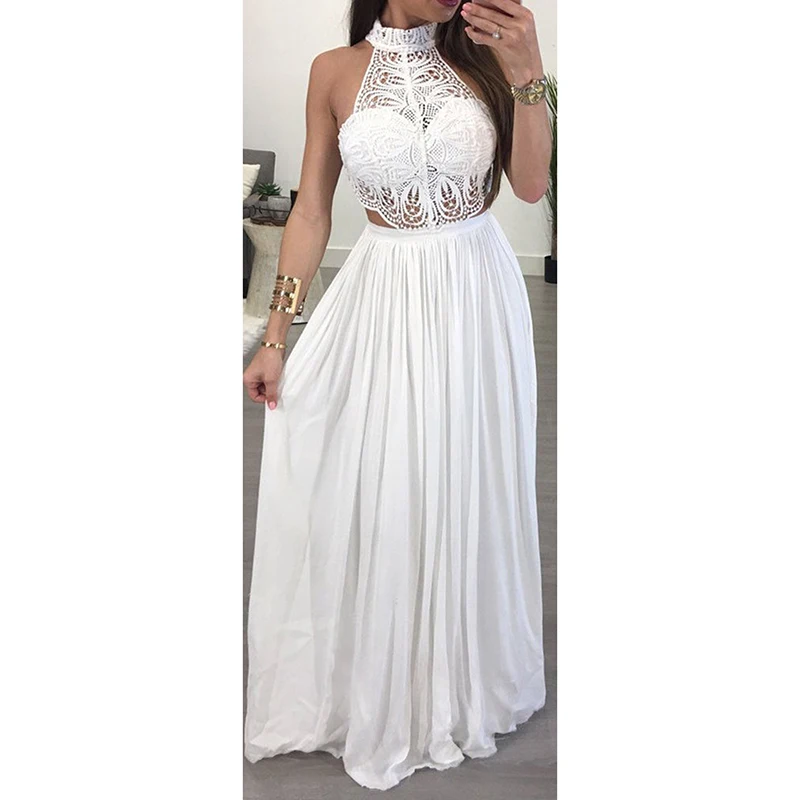 

Women ladies fashion summer hot casual sleeveless maxi dress halter off shoulder lace hollow out sexy long maxi dress