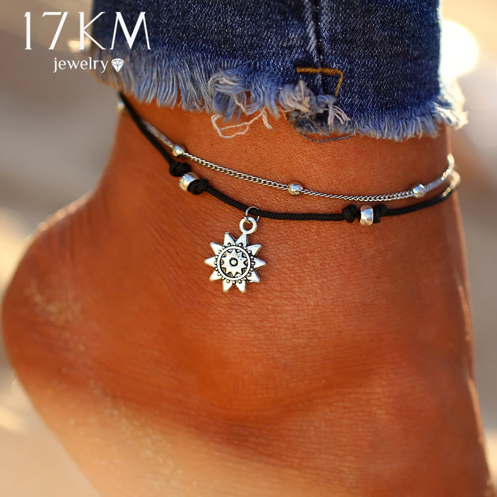 17 km vintage boho multi camada grânulos tornozeleiras para as mulheres moda sol pendente tornozeleira algodão artesanal corrente pé festa jóias presente|beaded anklets|fashion ankletanklets for women - AliExpress