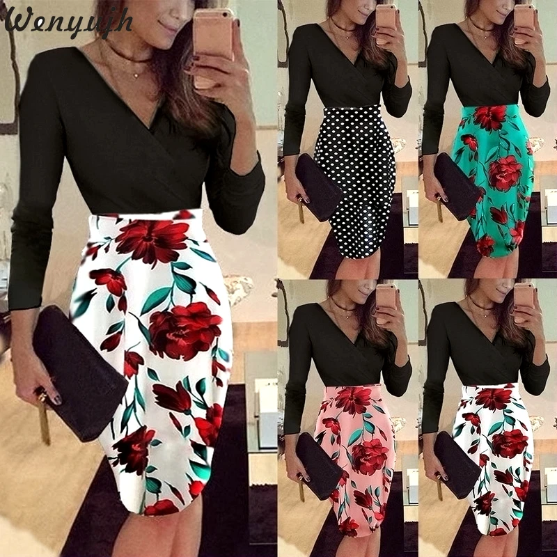 

Wenyujh Women Boho Autumn Fashion Floral Print Pencil Dress Women Bodycon Elegant Work Office Dress Ladies Sexy Cocktail Party