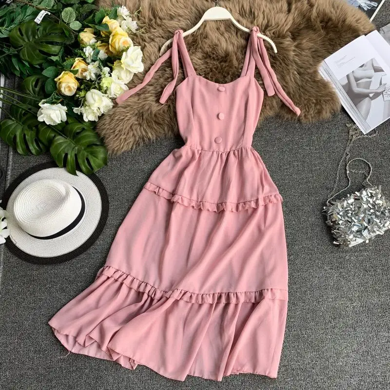 

Summer Solid V-neck Sweet Party Dresses Sleeveless Lace Up Bow Women Dress Pleated High Waist Vestido 11568