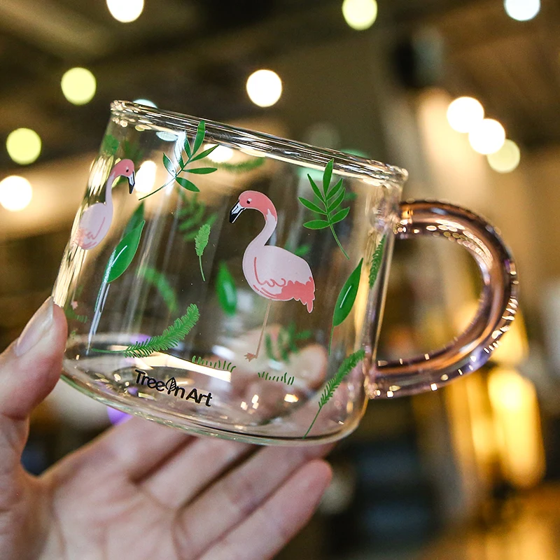 

Flamingo glass Korean version of the cartoon cute bring home creative fresh breakfast milk cup borosilicate heat-resistant glass