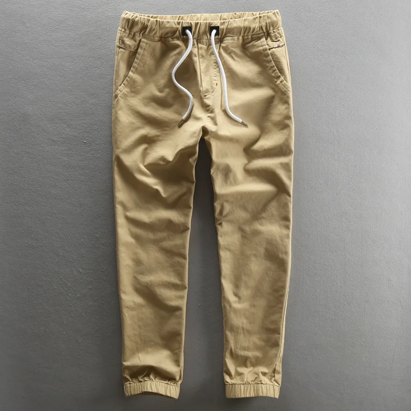 Mens Cotton Trousers Summer Lightweight Drawstrings Slim Leg Washed