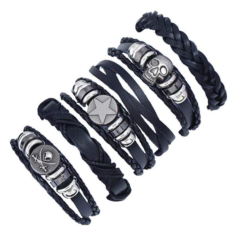 Vintage Punk Wrap Bracelet Men 6pcs/set Multilayer Leather Braided Charm Bracelets For Women Wristband Jewellery Drop Shipping