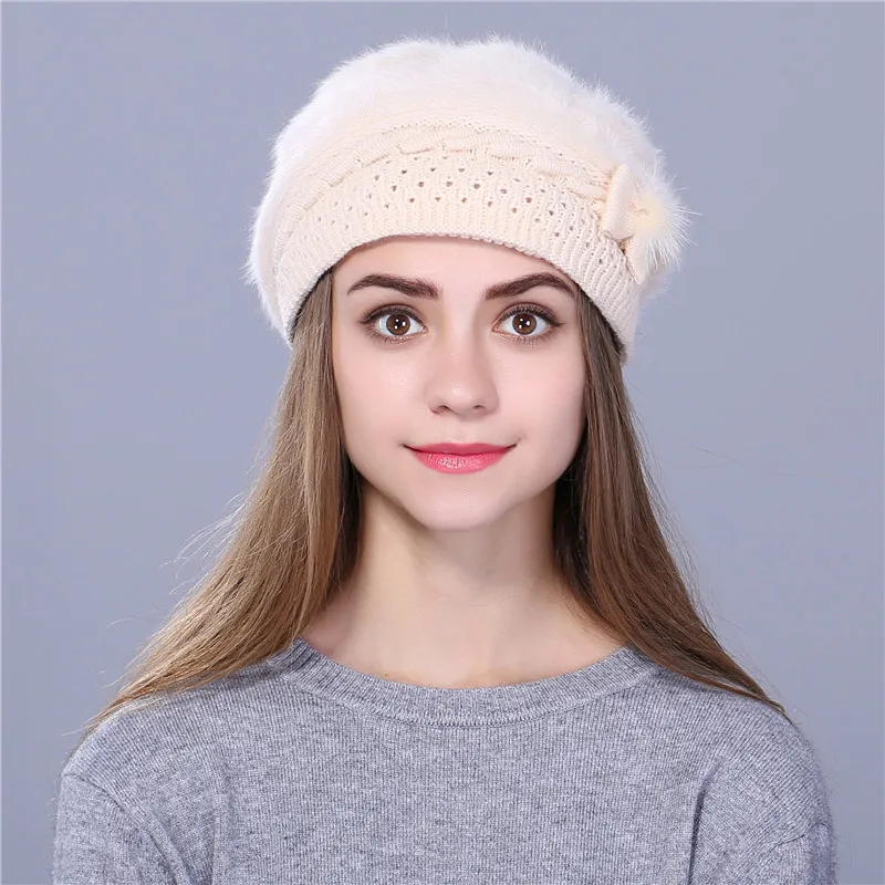 Женский вязаный берет из кроличьего меха однотонный|beret hats for women|beret hatberet winter hat |