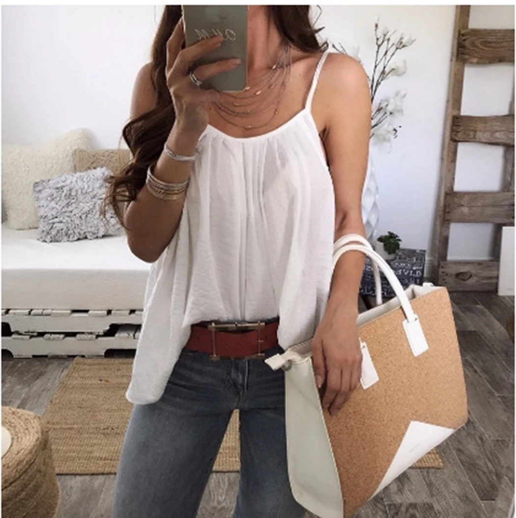 

Ladies Summer Loose Tee Shirt 6XL Women Pleated Tank Tops Camis Sexy Spaghetti Strap Chiffon Vest Top Tunic Camisole Plus Size