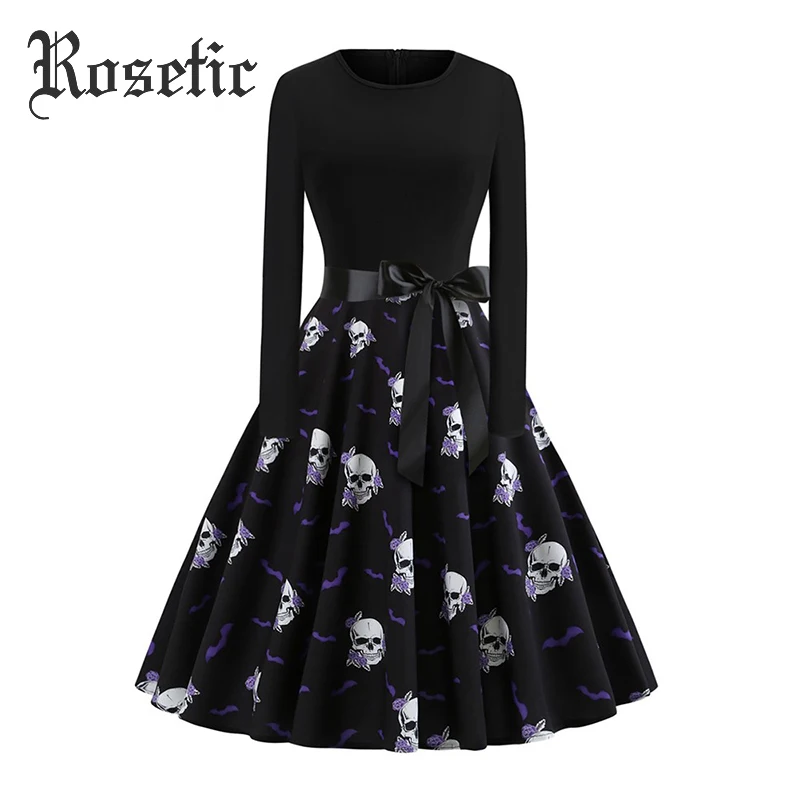 Online 2018 otoño gótico Halloween Vintage Oficina señora mujeres vestidos Jersey cráneo cremallera estampado moda femenina elegante vestido negro