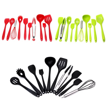 

10Pcs Red/Green/Black Heat Resitant Non-stick Silicone Kitchen Utensils Set Cooking Bake Tool Spatula Spoon Brush Wisk Tong C42