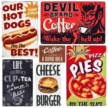 Etiquetas decorativas de café de marca Devil, placas de Metal Vintage para cafetería, carteles decorativos para perros calientes, pegatinas de pared, póster de Metal de hamburguesa de queso, decoración MN79