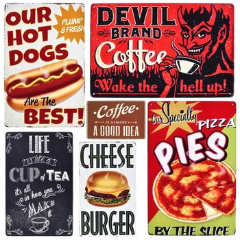 

Devil Brand Coffee Vintage Metal Plates Shop Cafe Decorative Signs Hot Dogs Wall Stickers Cheese Burger Metal Poster Decor MN79