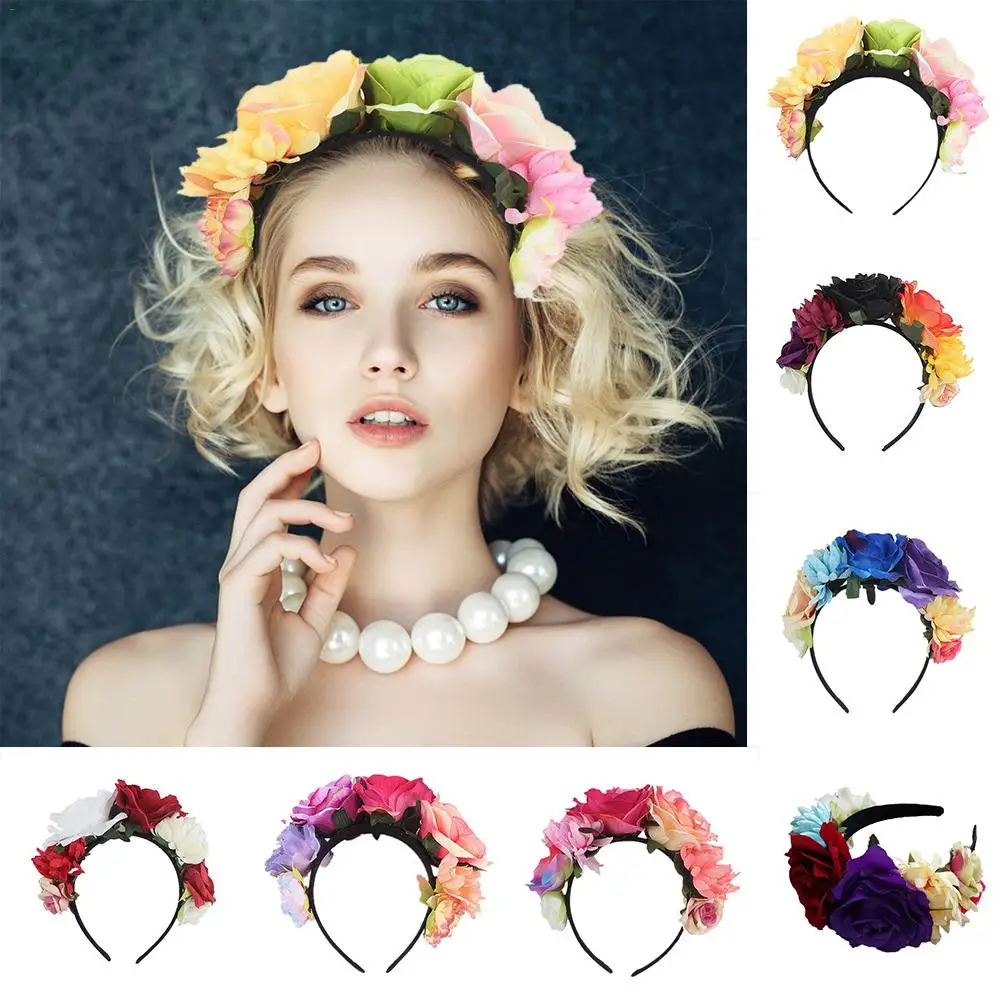 

Headband Costume Rose Flower Crown Mexican Headpiece Wedding Decoration For Bride Party Headband Hair Accessories