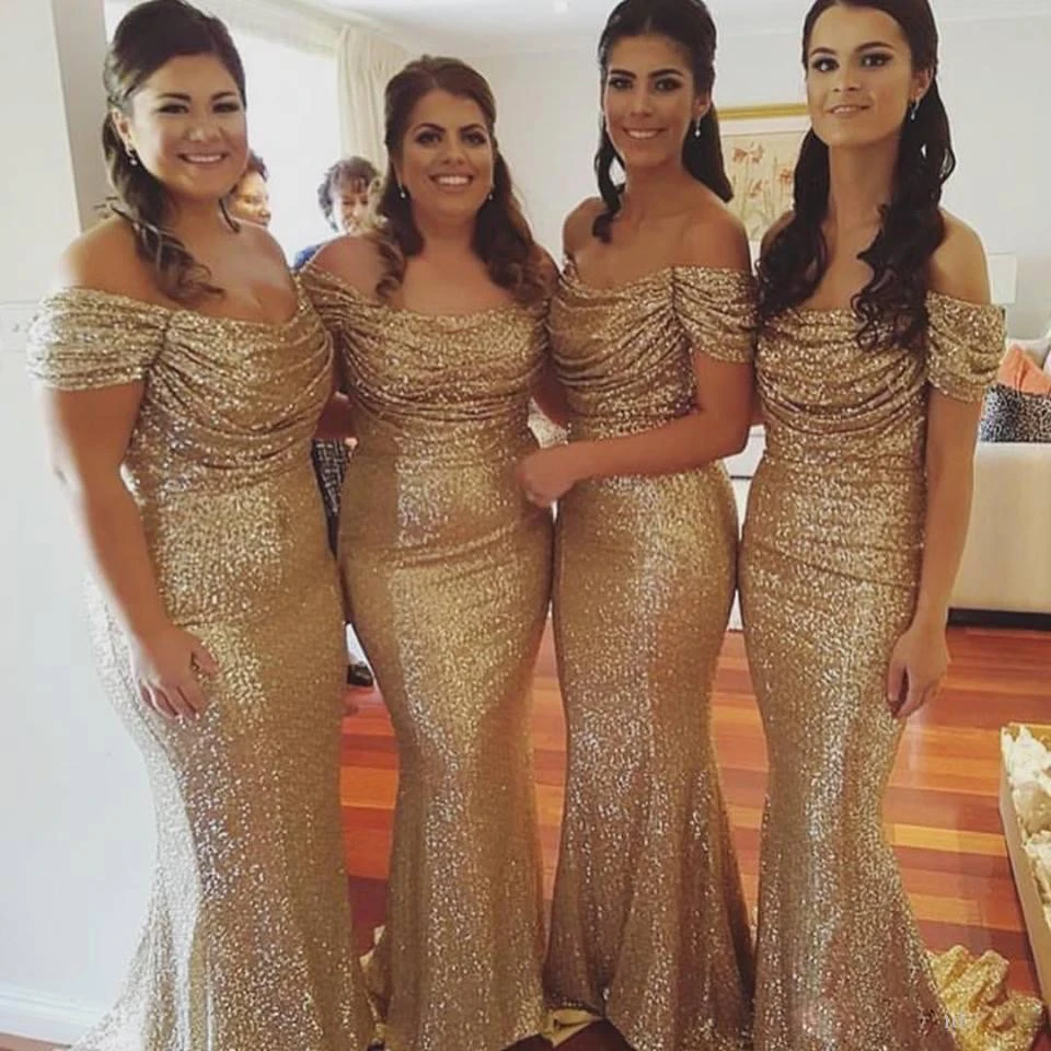 Simple Mermaid Gold Sequin Bridesmaid Dresses Boat Neck Off Shoulder