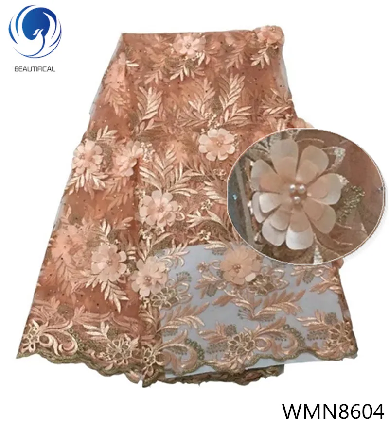 Красивая розовая сетчатая кружевная ткань для свадьбы 3d Цветы кружевная ткань с бисером высокое качество нигерийская кружевная ткань для платья WMN86 - Цвет: WMN8604