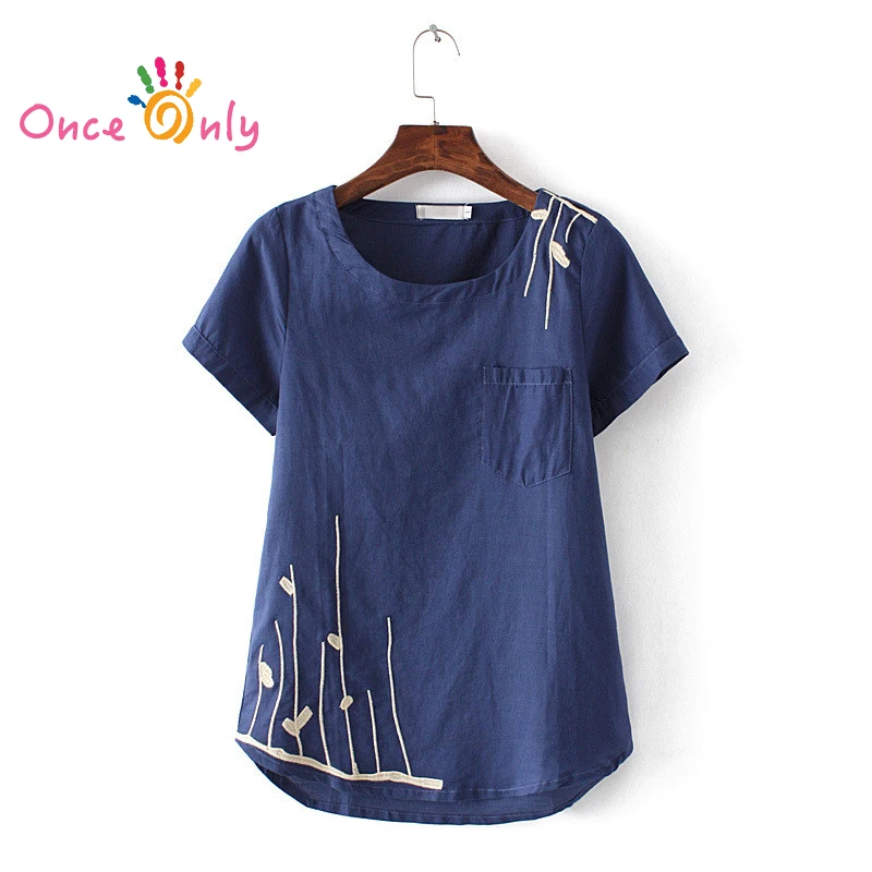 

L - XXXXL 4 Colors 2019 Casual Girl Shirt Large Size Women Summer New 3D Embroidery Short Sleeved Linen Abstract Branch Shirt