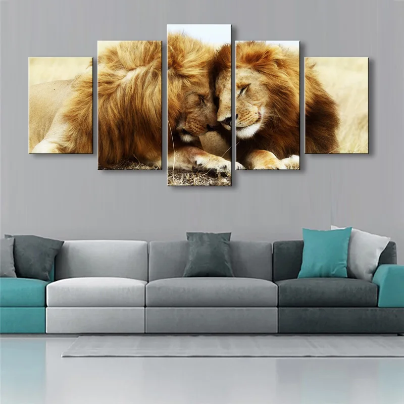 5 pieces high-definition print Animals Lion Group canvas painting poster and wall art living room picture B-053 (5)