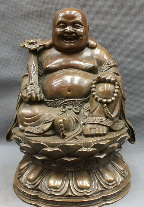 

S5458 15" Chinese Bronze Copper Joss RuYi Bead Happy Laughing Maitreya Buddha Statue D0318