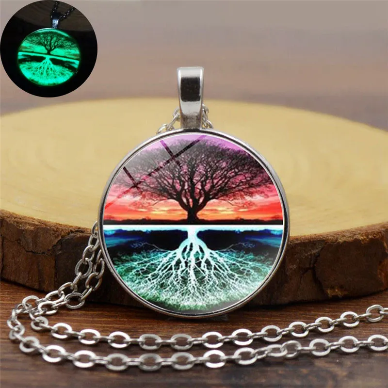 Glow In The Dark Jewelry Tree of Life Necklace Glass Dome Cabochon