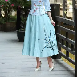 Летние девушки Ретро Цветочный принт Винтаж длинные синие юбки для Для женщин линия китайский Стиль простые тонкие женские милые школьные