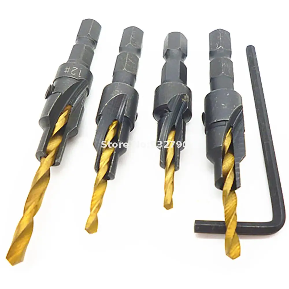 4pcs Countersink Drill Bit Set Pvc Board Wood Plastic 1/4" Hex Shank