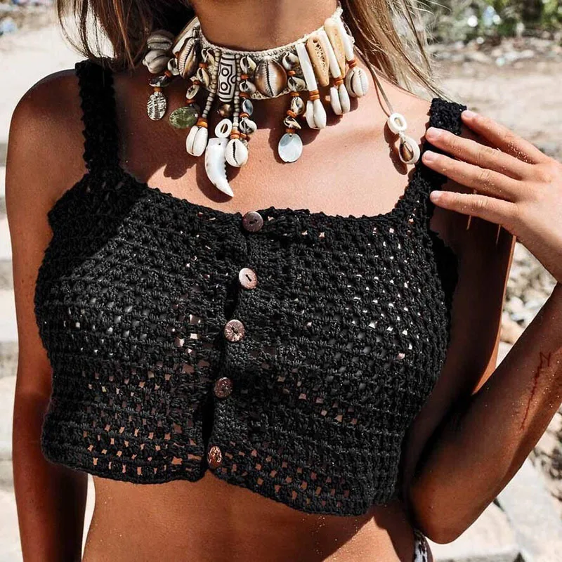 

2019 Women Sexy Beach Bikinis Tube Tops Handmade Knitting Crochet Hollow Out Button Summer Bikini Swimwear Wrap Crop Tops