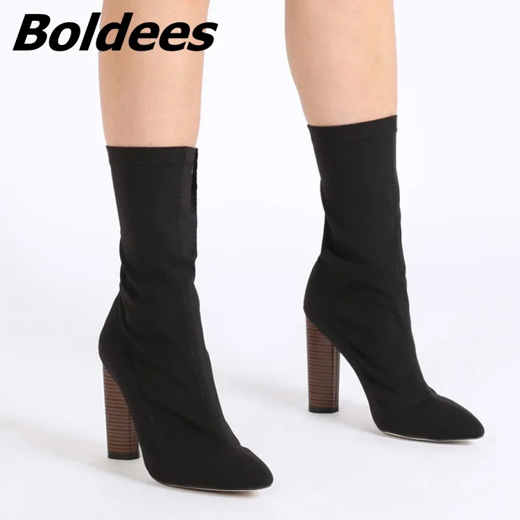 

Boldees Women Concise Stretch Short Boots Unique Pointed Toe Chunky Heels Classic Back Zip Tight Short Boots Block Heels Women