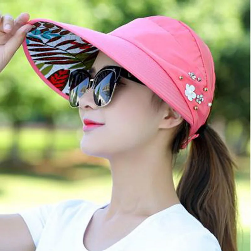 Новинка, летние пляжные женские солнечные шляпы для защиты от УФ-лучей, с жемчужинами, складывающиеся солнцезащитные козырьки с большими головами, с широкими полями, женская шапка