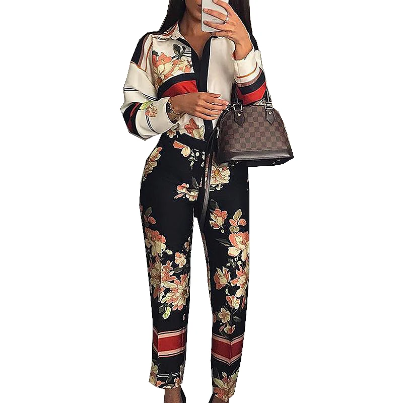 

2019 Women Fashion Elegant Casual Workwear Party Romper Female Floral Print Turn-Down Neck Vintage Spring Long Sleeve Jumpsuit