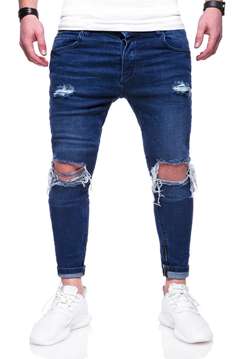 Buy Distressed Ripped Knee Holes Men Blue Black Jeans