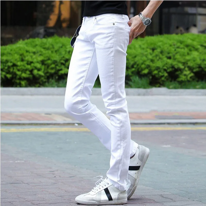 

2019 Young Men Jeans Male Fashion Designer Brand Black White Red Jeans New Cotton Pants Slim Skinny Long Trousers Stretch Jeans