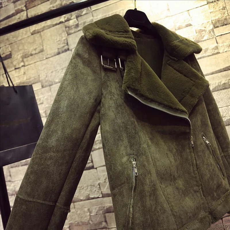 Армейский зеленый, зимнее женское короткое пальто из искусственной овечьей шерсти, теплое пальто из овечьей шерсти, Теплые Куртки из искусственной замши H117