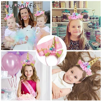 

JOY-ENLIFE 1pcs Unicorn Horned Gauze Flower Hair Headdress Kids Children Headwear Baby Shower Birthday Christmas Decor Supplies