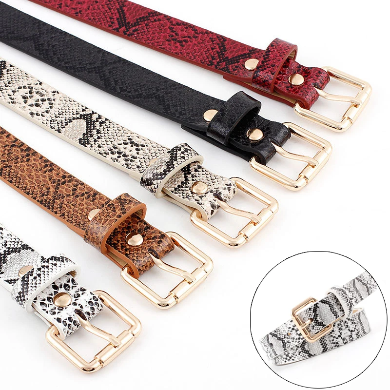 

High Quality Fashion Women Belts Square Metal Buckle Faux Leather Snakeskin Stretch Elastic Long Waist Belt