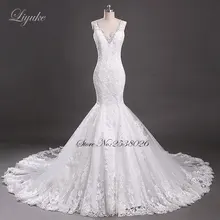 Elegant Lace Sleeveless V-Backless Mermaid Wedding Dress Scoop Neckline Aplliqued Lace Tiered Court Train Bridal Dress Liyuke