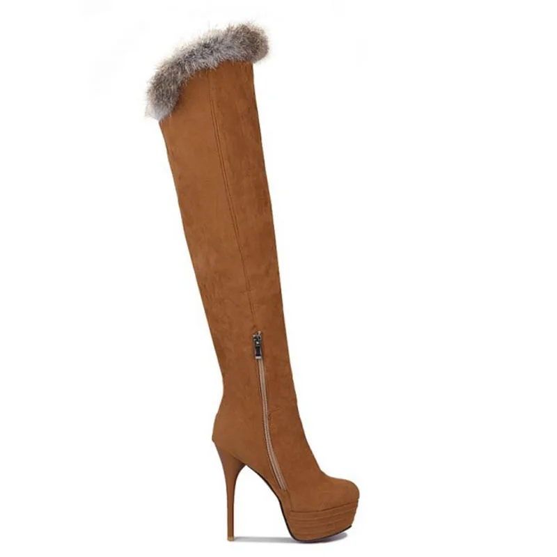 Ceny KemeKiss kobiety platformy buty na wysokim obcasie zamek buty za kolano okrągłe Toe ciepłe futrzane buty kobiety urząd Lady obuwie rozmiar 33 43