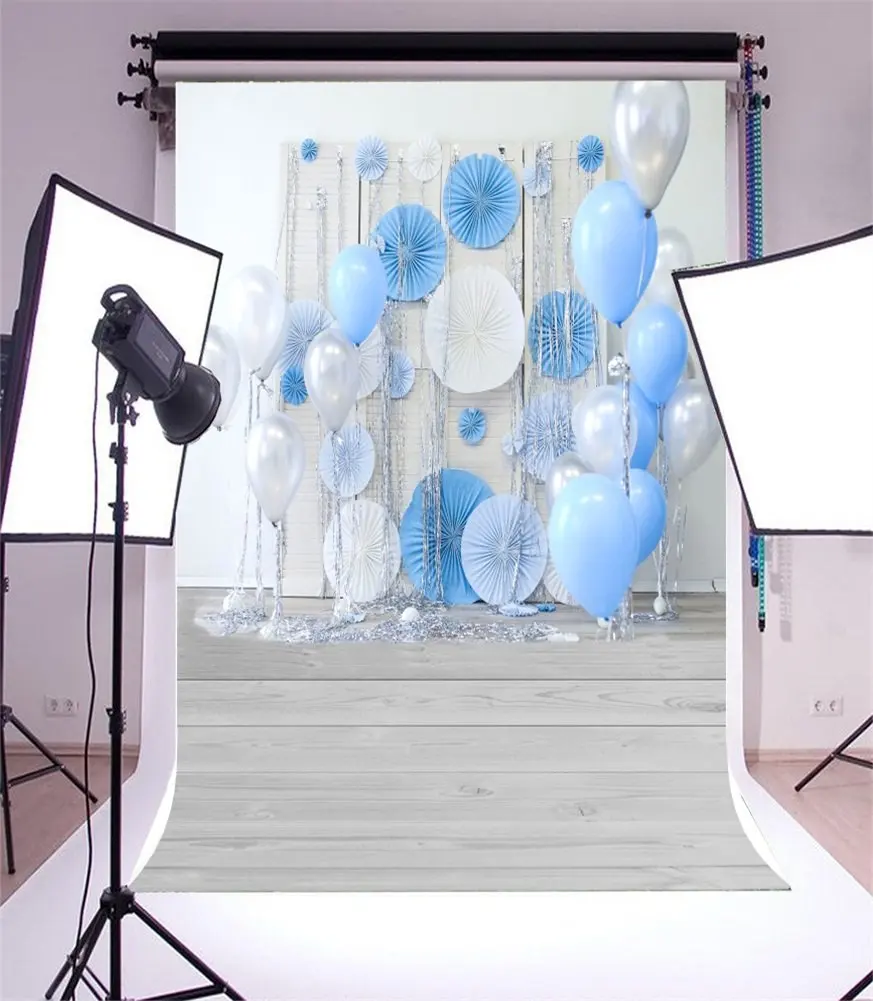 

Photography Backdrop Happy Birthday Paper Flowers Balloons Retro Stripes Wood Floor 1st Birthday Photo Background