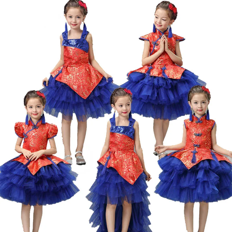 

Girl short sleeve red blue tutu China dress Tang Dynasty Chinese traditional dance dress costume for children kid clothing