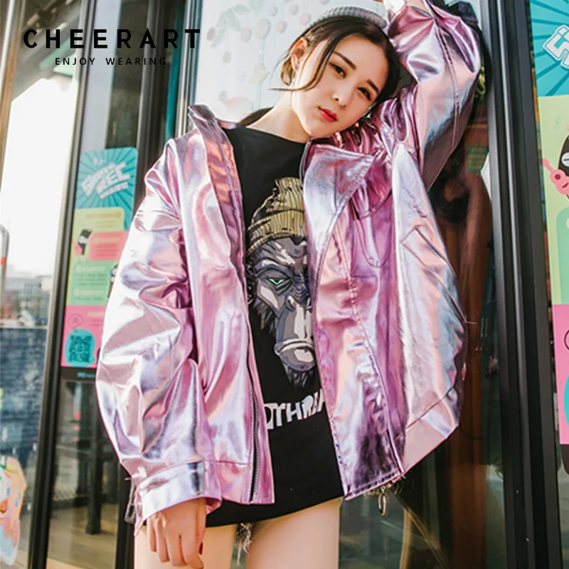Cheerart Hip Hop Oversized Silver Jacket Women Pu Leather Glitter Loose Coat Streetwear Clothing Big Size Jackets Rock Punk Coat