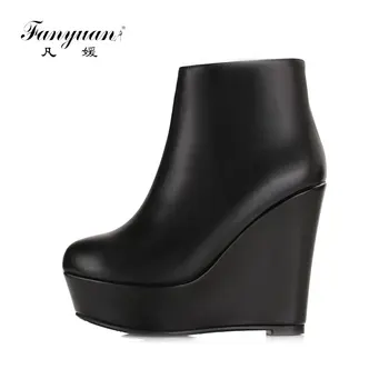 

Fanyuan Genuine Leather Zipper ankle boots high heel platform Basic boots Solid women Wedges Martin boots autumn winter shoes